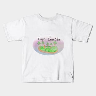 Caye Caulker watercolor Island travel, beach, sea and palm trees. Holidays and vacation, summer and relaxation Kids T-Shirt